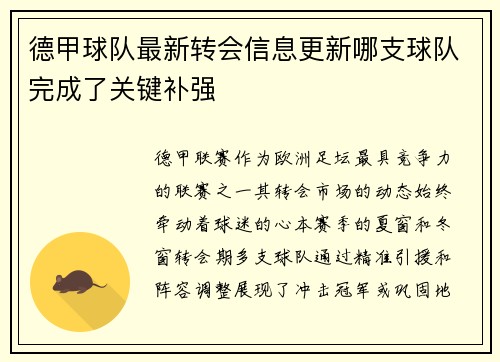 德甲球队最新转会信息更新哪支球队完成了关键补强