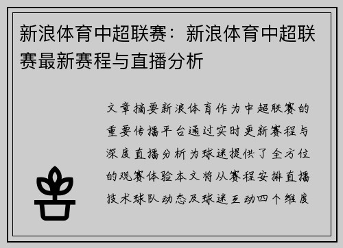 新浪体育中超联赛：新浪体育中超联赛最新赛程与直播分析